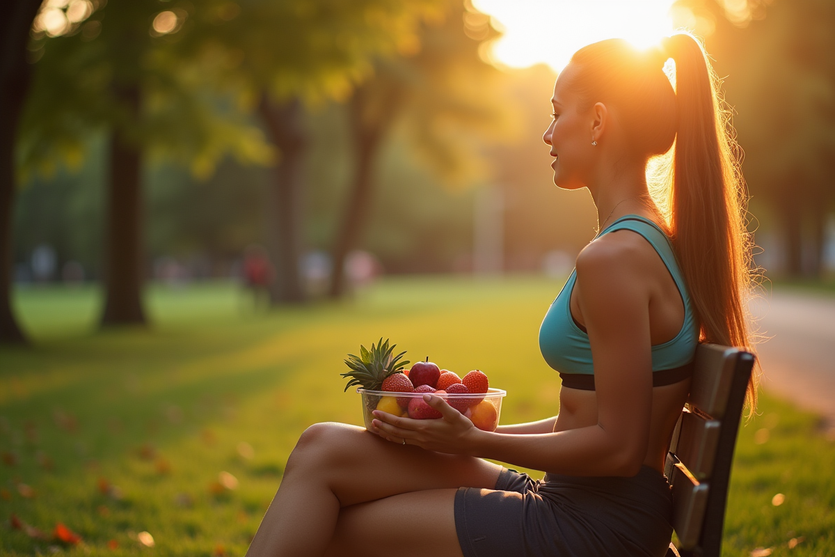 Personne en tenue sportive avec fruits dans un parc en fin d