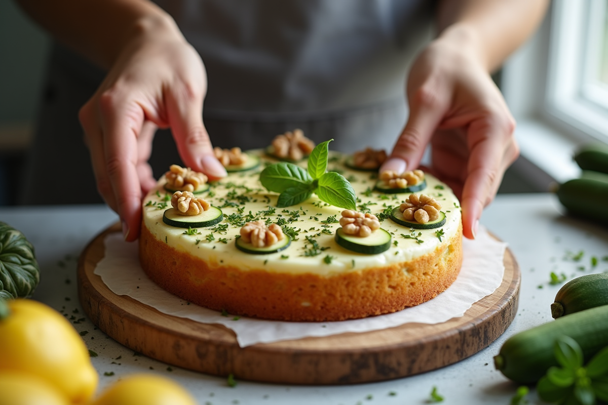 Main décorant un gâteau de courgette et chèvre avec noix
