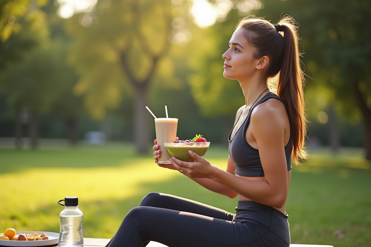 Jeune sportif dégustant un petit déjeuner en plein air dans un parc