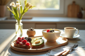 Table de petit déjeuner sain avec yaourt et fruits lumineux