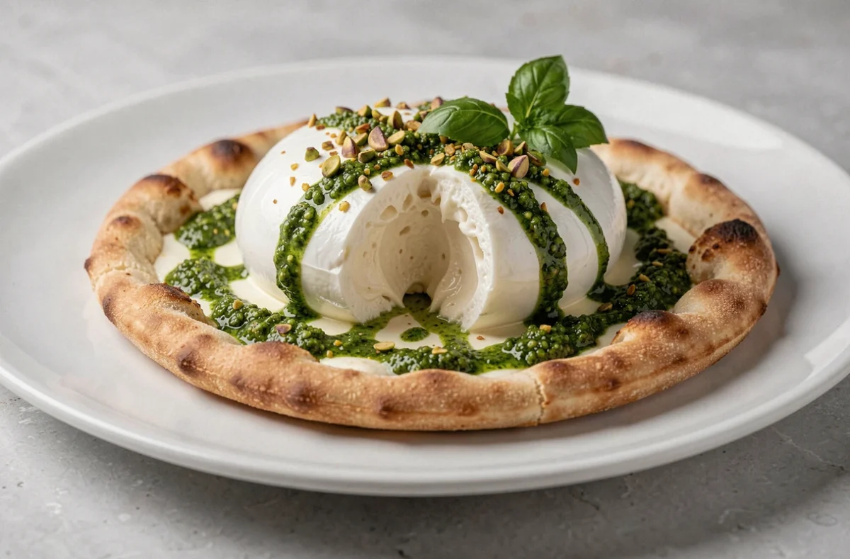 Pizza à la burrata entière ouverte et pesto de pistache vert vif avec des pistaches concassées sur une assiette blanche