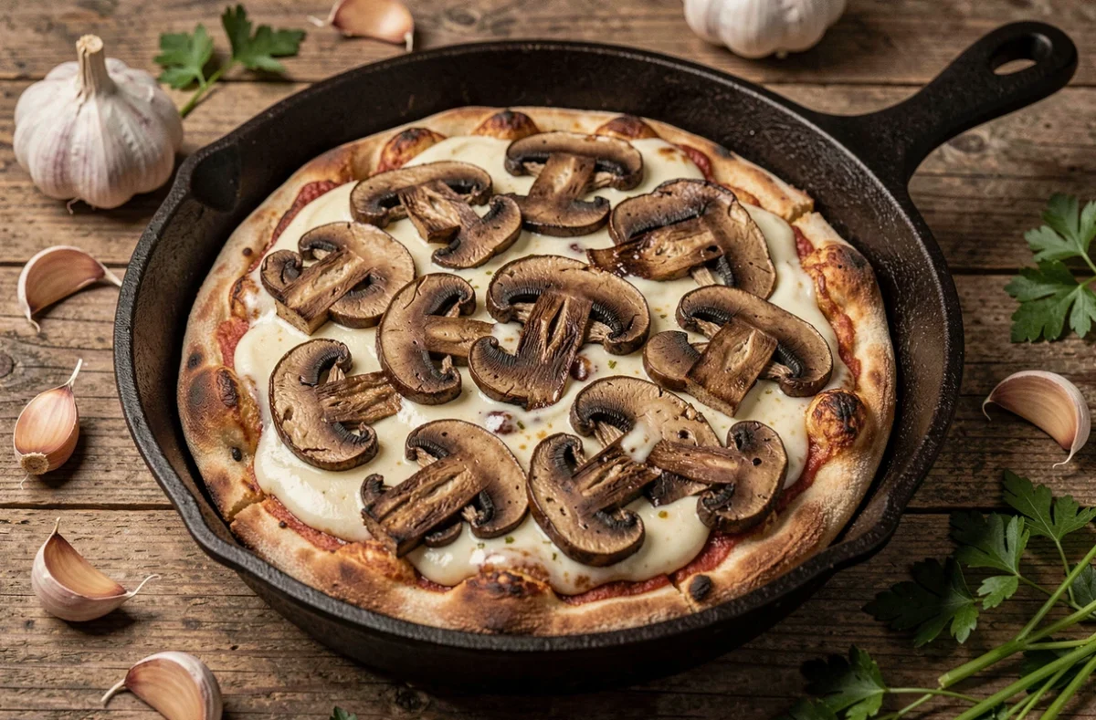 Pizza aux champignons émincés sautés et crème d'ail servie dans une poêle en fonte sur une table en bois