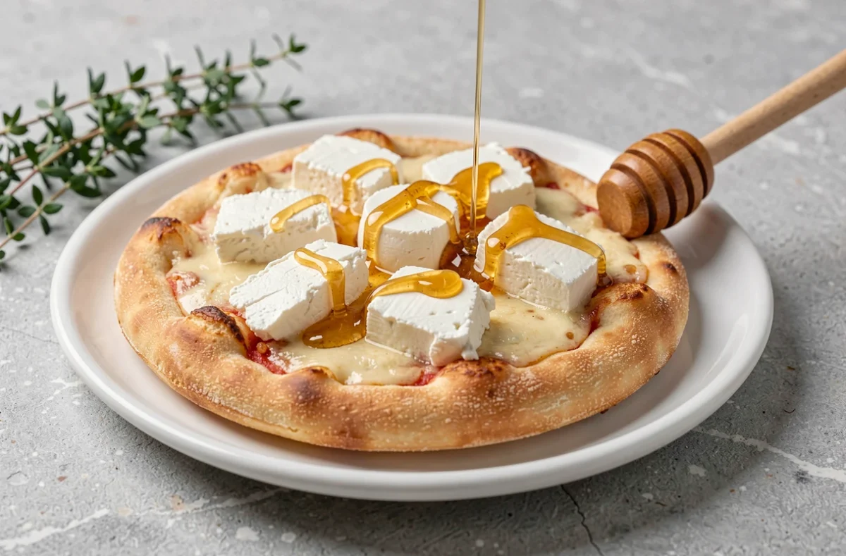 Pizza au chèvre frais avec un filet de miel dorée en finition et des brins de thym sur une assiette blanche