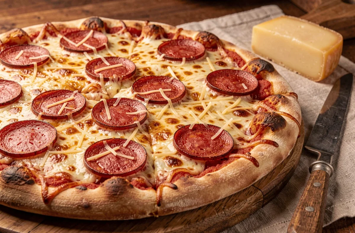 Pizza au chorizo doux et comté râpé fondu et doré servie sur une planche en bois avec un morceau de fromage