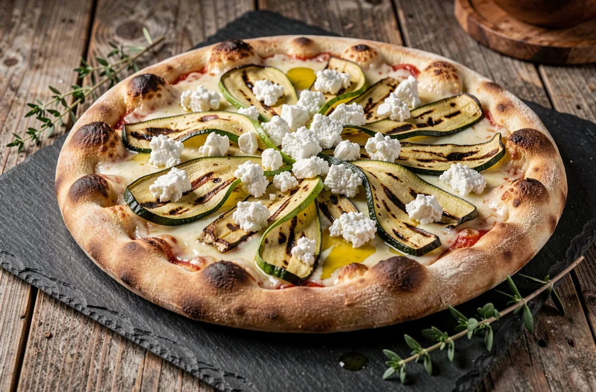 Pizza avec de la feta émiettée et des rubans de courgette grillée aux marques de cuisson sur une ardoise