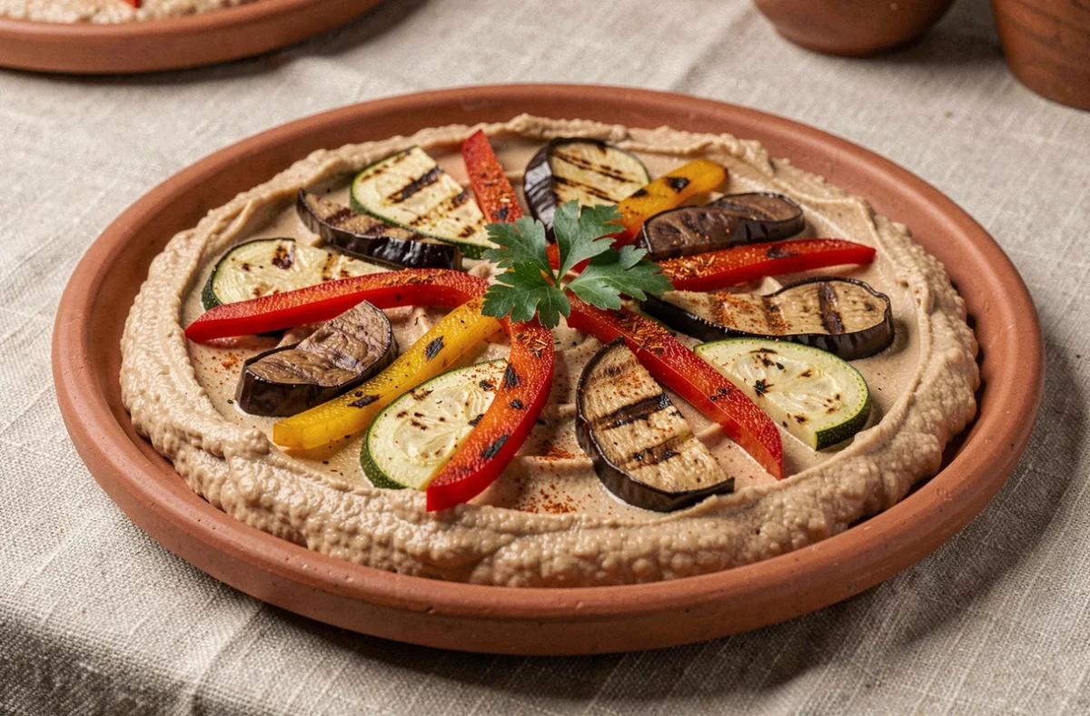 Flatbread pizza avec une base de houmous crémeux et légumes grillés colorés avec des marques de cuisson sur un plat terracotta