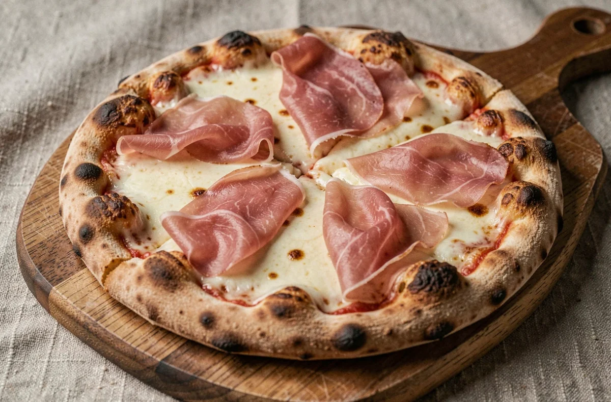Pizza à la mozzarella fondue avec des tranches de prosciutto posées après cuisson sur une pelle en bois