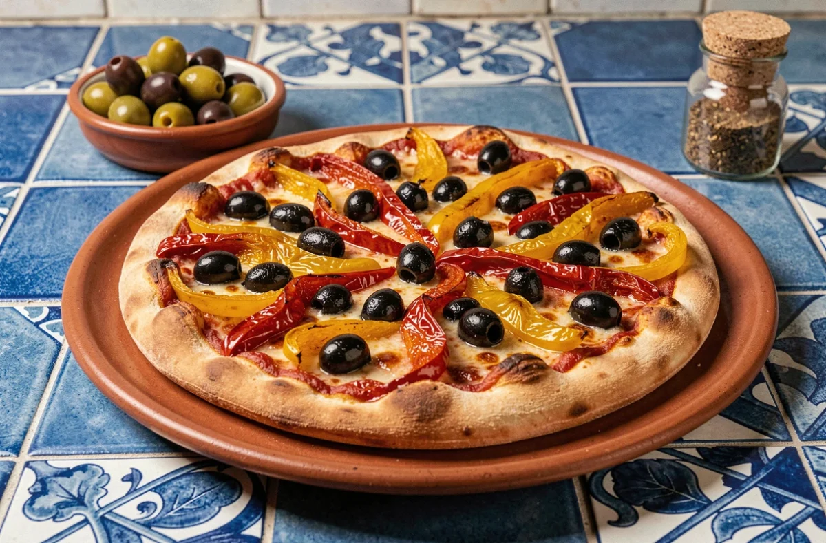 Pizza aux poivrons marinés rouge et jaune et olives noires brillantes sur une assiette en céramique terracotta
