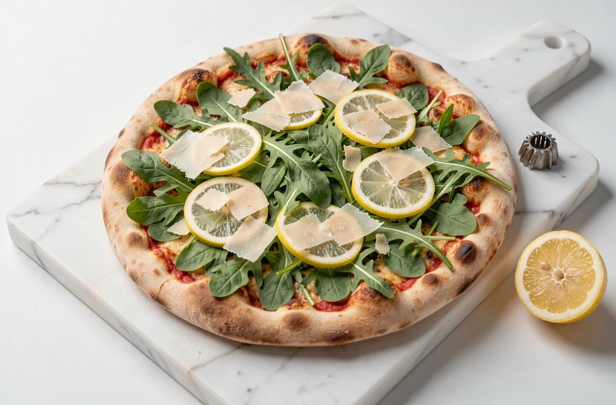 Pizza à la roquette fraîche, copeaux de parmesan affiné et tranches de citron sur un plateau en marbre blanc