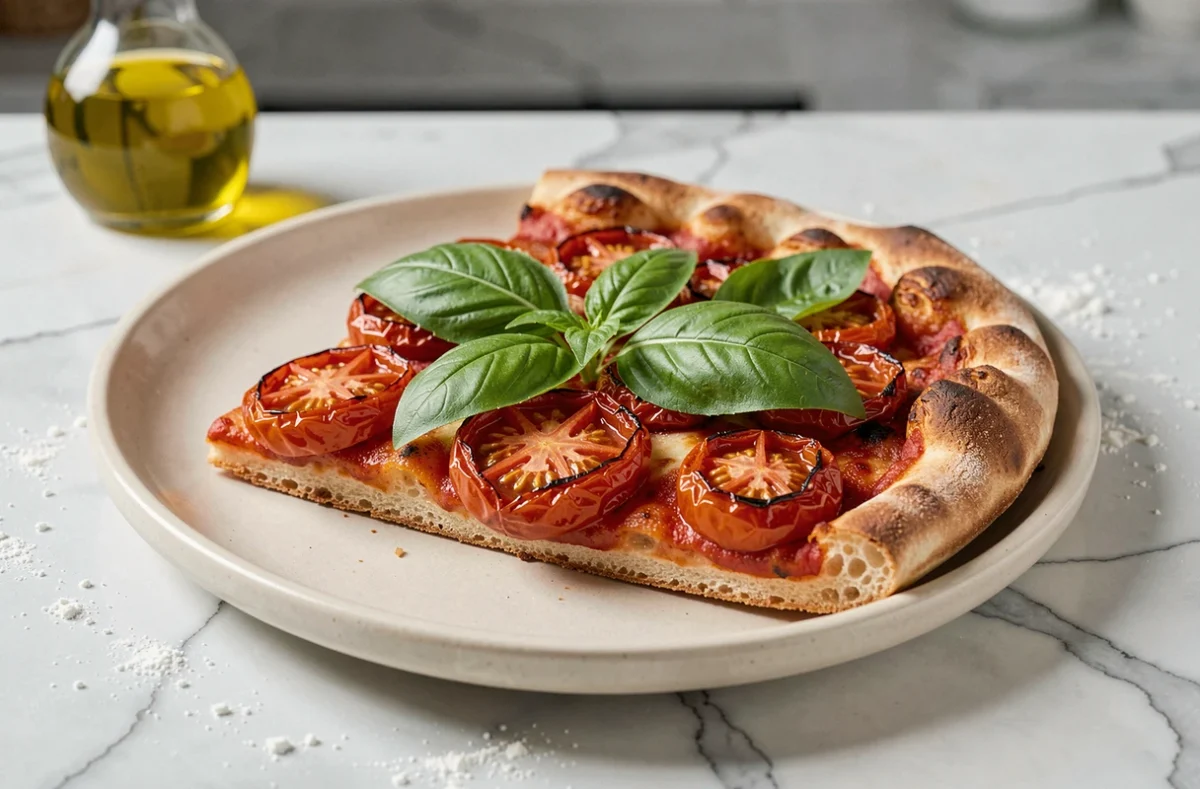 Tranche de pizza garnie de tomates confites caramélisées et de feuilles de basilic frais sur une assiette en céramique