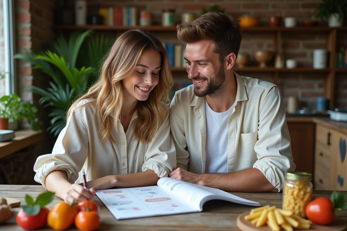 Couple planifiant leurs repas de la semaine avec des produits achetés dans un magasin anti-gaspi