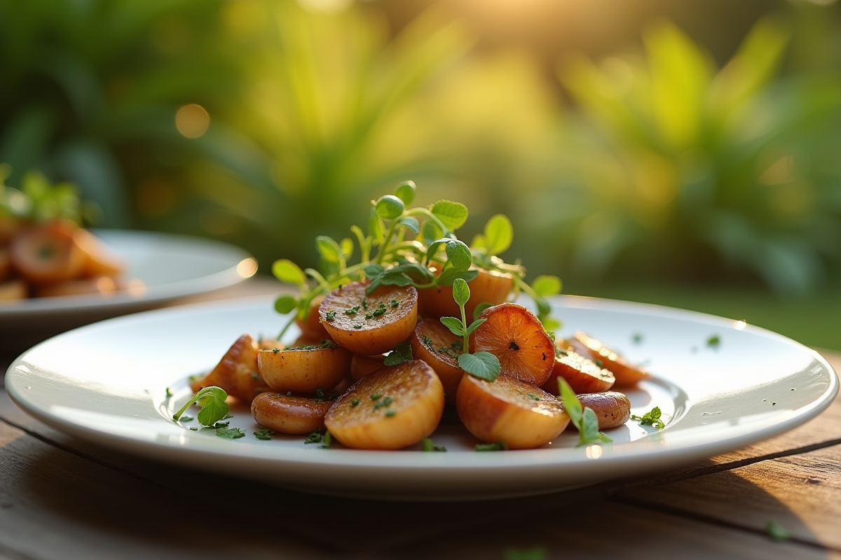 Plat de chanterelles sautées avec des herbes fraîches en extérieur dans le jardin