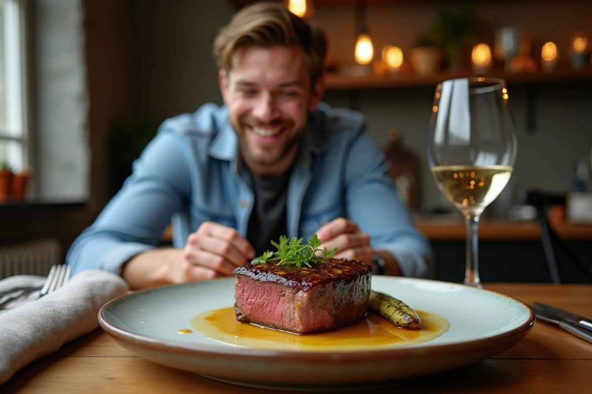 Assiette de filet mignon à la moutarde sur une table chaleureuse avec un homme souriant
