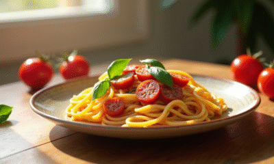 Assiette de pâtes avec chorizo basilic et tomates cerises
