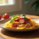 Assiette de pâtes avec chorizo basilic et tomates cerises