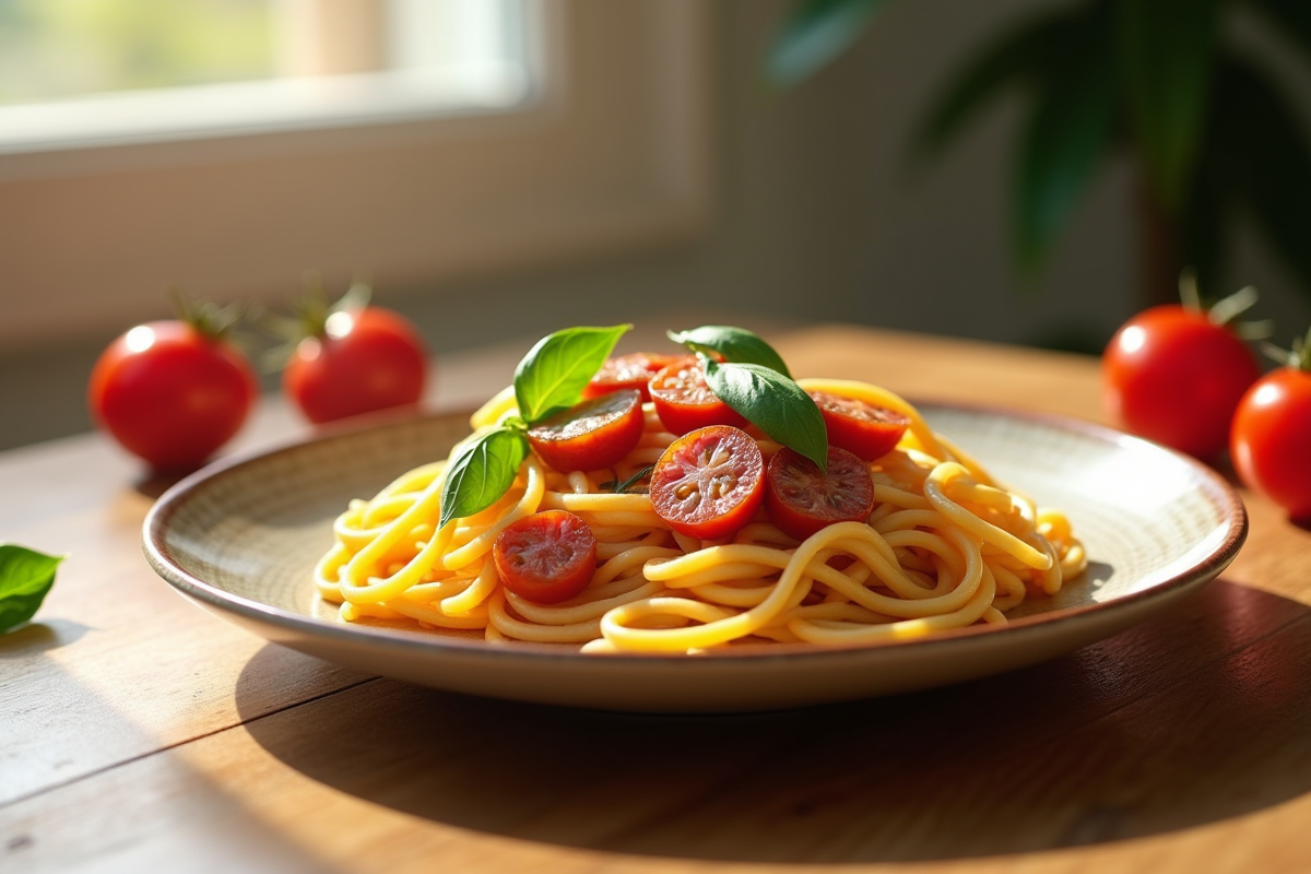 Assiette de pâtes avec chorizo basilic et tomates cerises