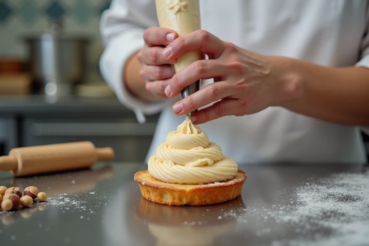 Chef pâtissier pochant la crème mousseline praliné dans un Paris-Brest en cuisine professionnelle