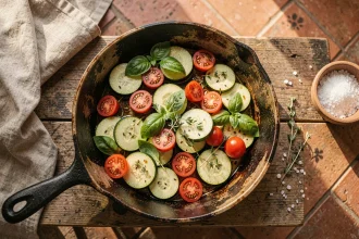 Poêle de courgettes méditerranéenne aux tomates cerises et herbes fraîches dans une poêle en fonte vue de dessus