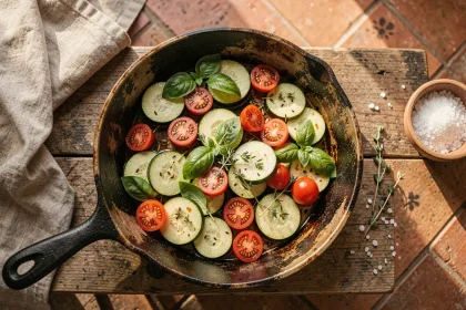 Poêle de courgettes méditerranéenne aux tomates cerises et herbes fraîches dans une poêle en fonte vue de dessus