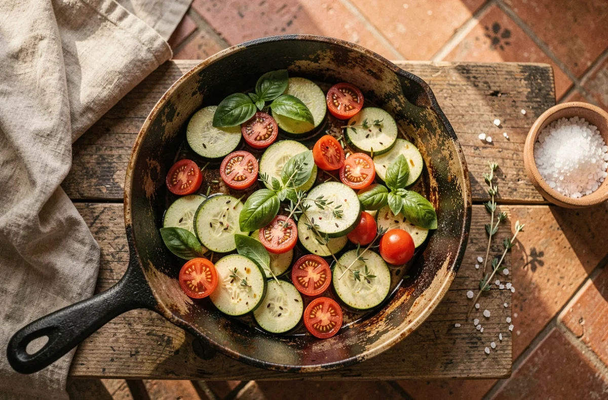Poêle de courgettes méditerranéenne aux tomates cerises et herbes fraîches dans une poêle en fonte vue de dessus