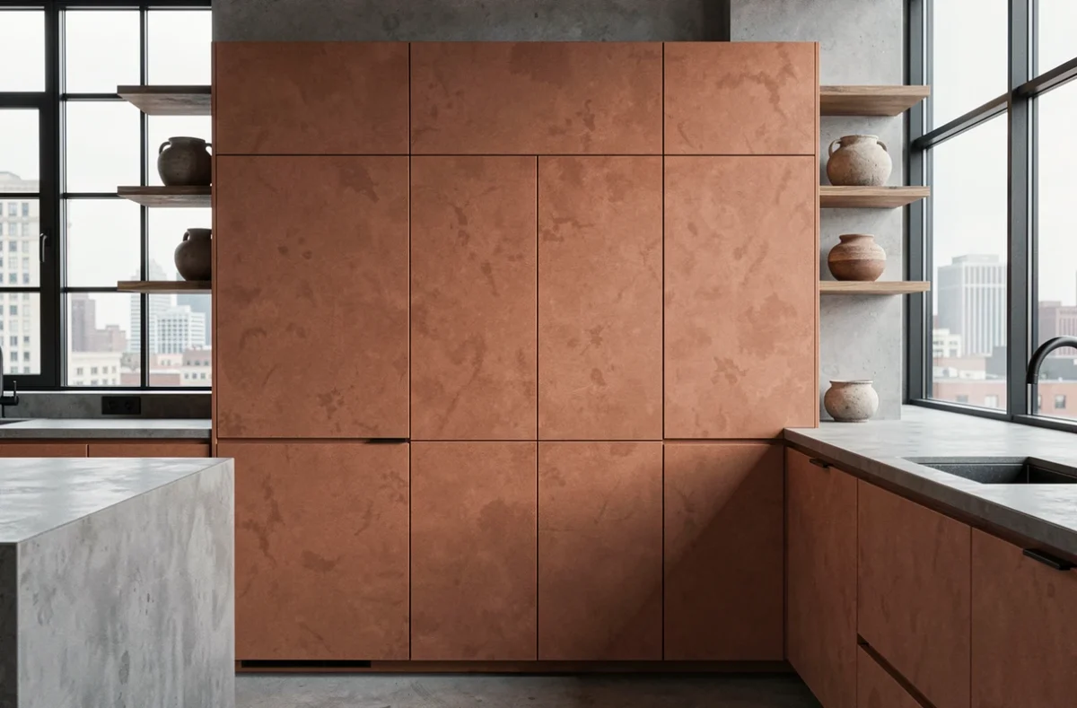 Porte de cuisine sans poignée en finition terracotta chaleureuse dans un loft urbain contemporain avec plan de travail en béton