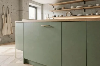 Porte de cuisine en vert sauge mat avec poignée en laiton dans une cuisine scandinave moderne aux tons naturels