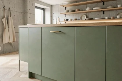 Porte de cuisine en vert sauge mat avec poignée en laiton dans une cuisine scandinave moderne aux tons naturels