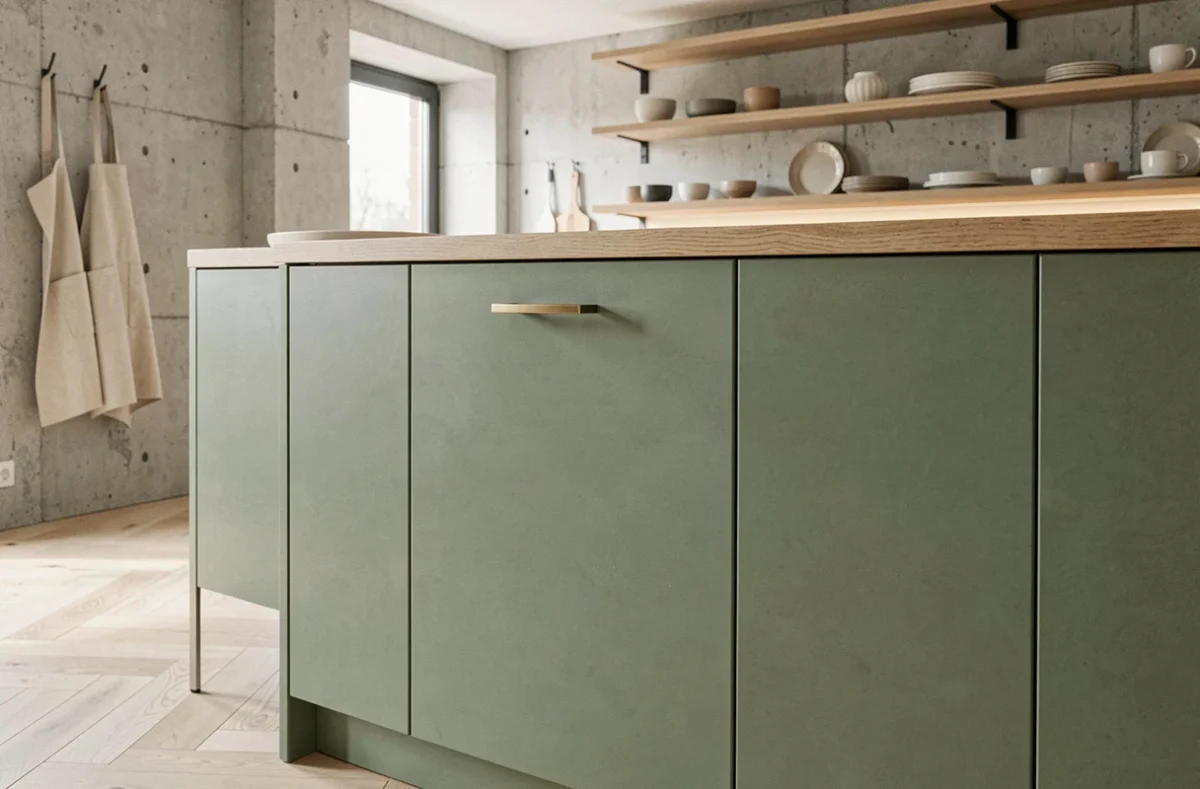 Porte de cuisine en vert sauge mat avec poignée en laiton dans une cuisine scandinave moderne aux tons naturels