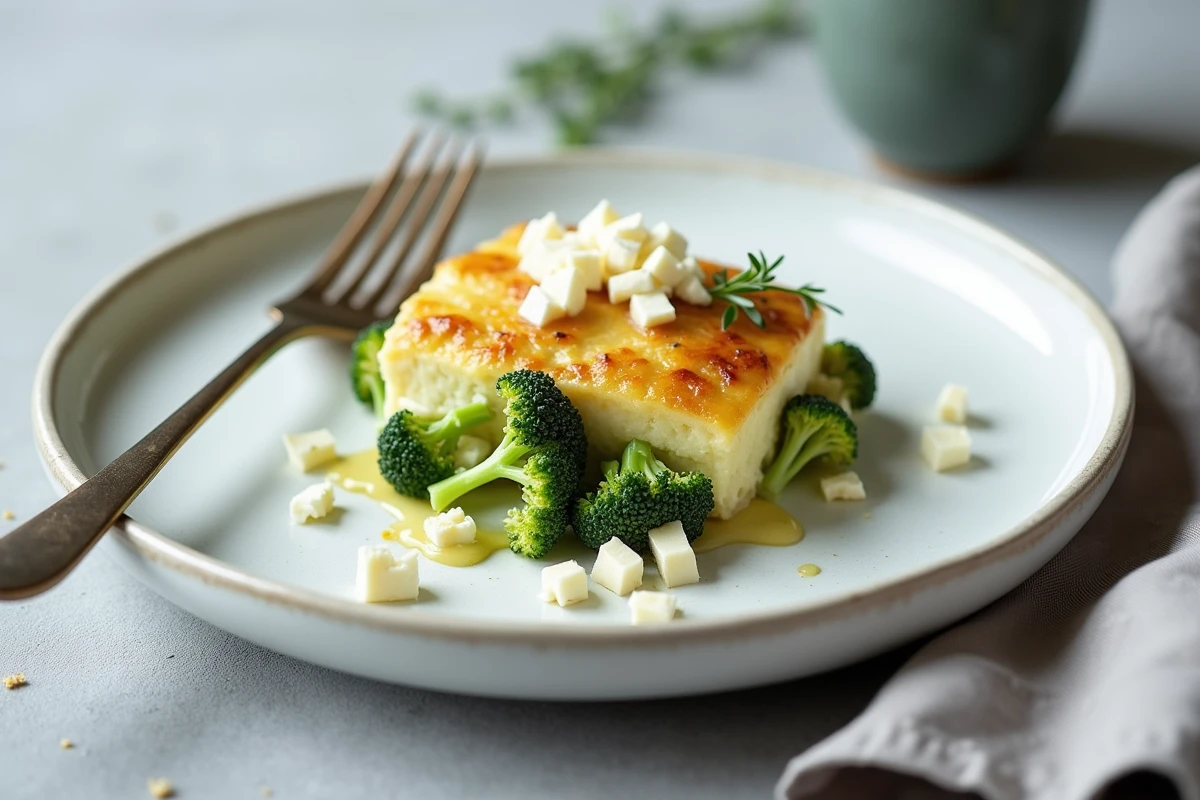 Portion de gratin de brocolis au chèvre servie dans une assiette blanche avec des miettes de fromage et du thym