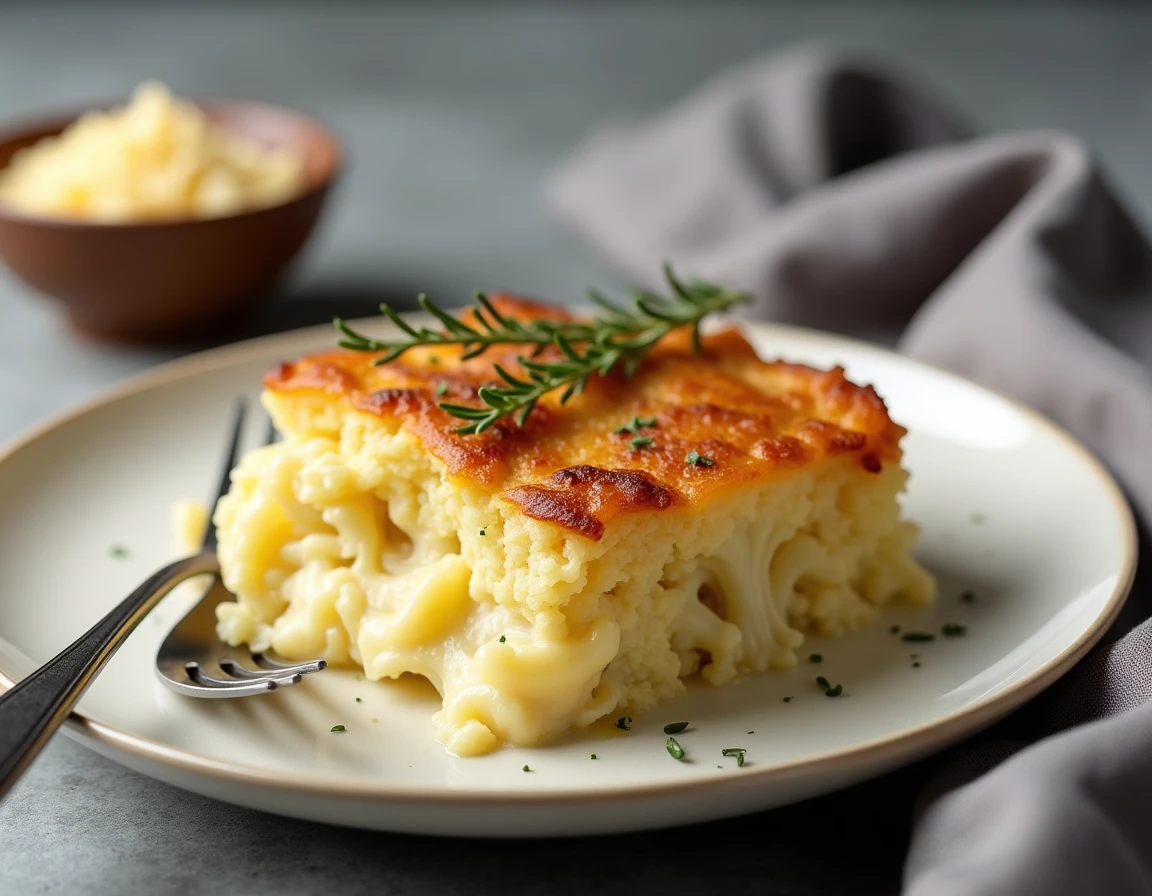 Portion de gratin de chou-fleur et pomme de terre crémeuse servie dans une assiette blanche avec du thym frais