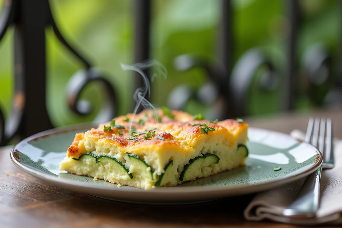Part de gratin de zucchini chaud sur assiette en extérieur