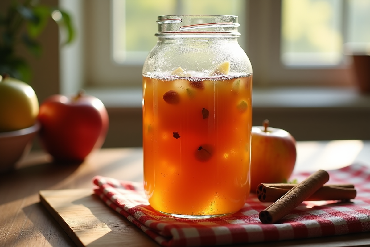 Pot de compote de pommes maison sur une table en bois