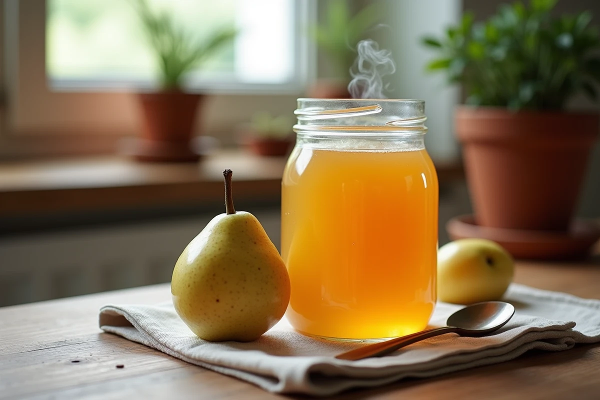 Pot de confiture de quinces sur une nappe en lin