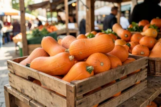 Potimarrons orange empilés dans une caisse en bois sur un étal