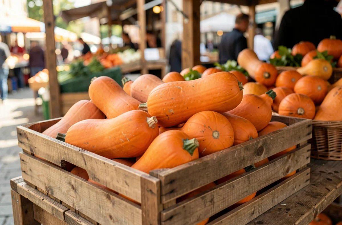 Potimarrons orange empilés dans une caisse en bois sur un étal