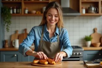 Femme souriante préparant des tenders de poulet dorés dans une cuisine chaleureuse