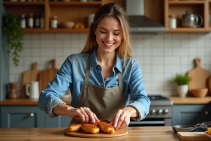 Femme souriante préparant des tenders de poulet dorés dans une cuisine chaleureuse