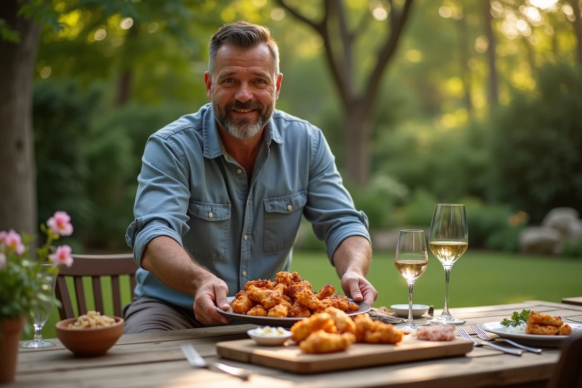 Homme avec tenders de poulet croustillants lors d’un pique-nique en jardin