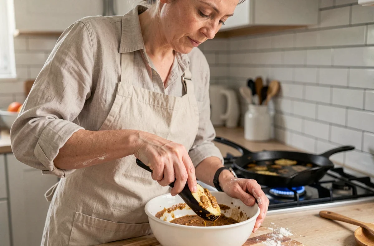 Femme cuisinant des beignets d'aubergine à la maison, trempant des tranches dans la pâte à frire dans une cuisine moderne