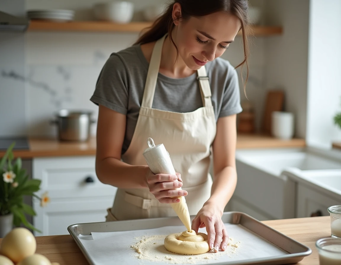 Femme en tablier réalisant des biscuits cuillère maison en pochant la pâte sur plaque de cuisson
