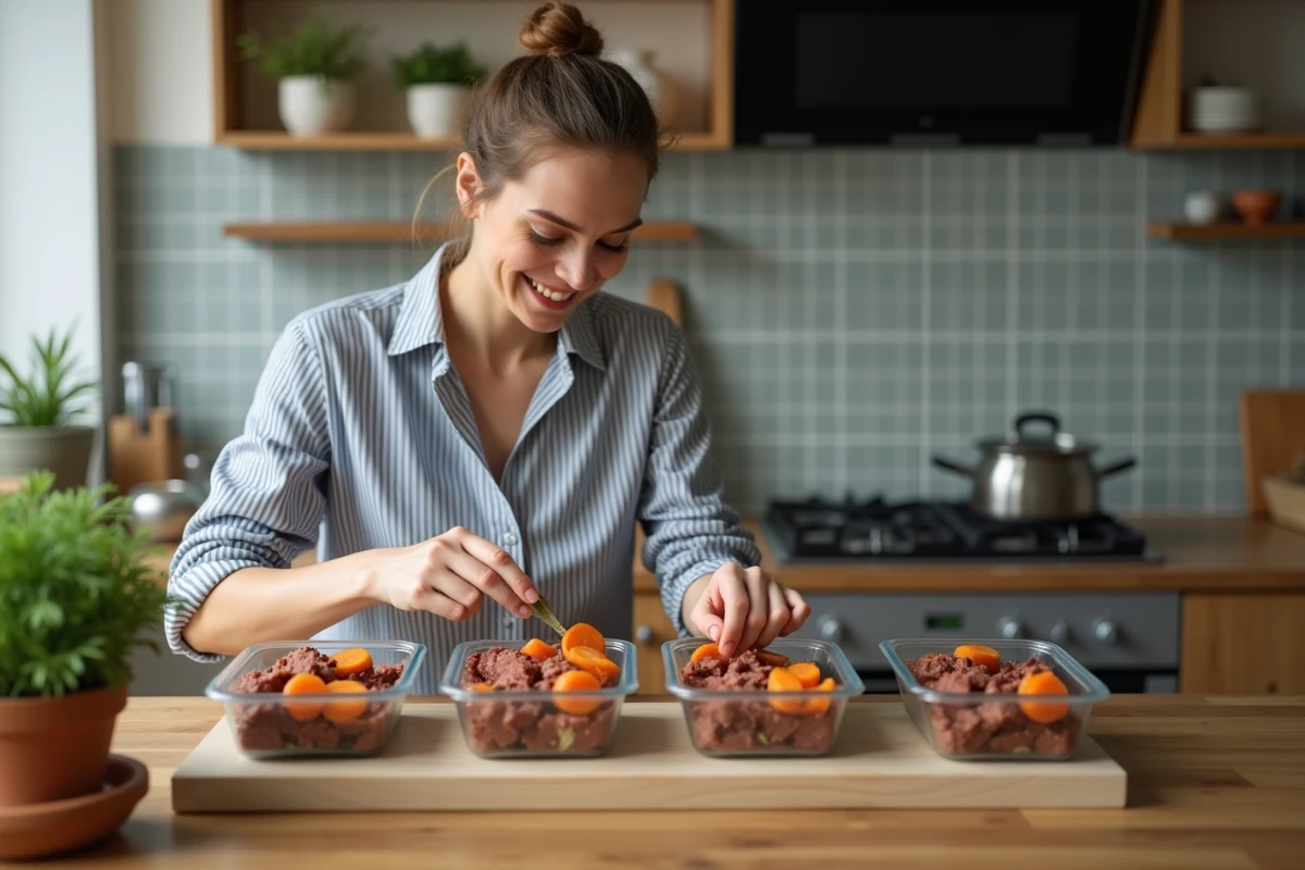 Femme préparant du boeuf carotte dans la cuisine