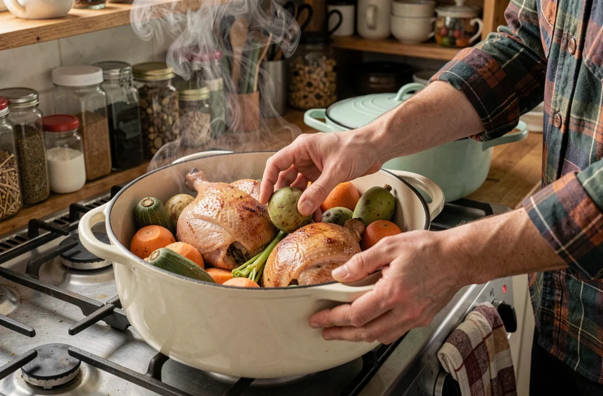 Préparation d'une cocotte de cuisse de canard maison avec légumes racines dans une cocotte émaillée sur un feu de cuisine