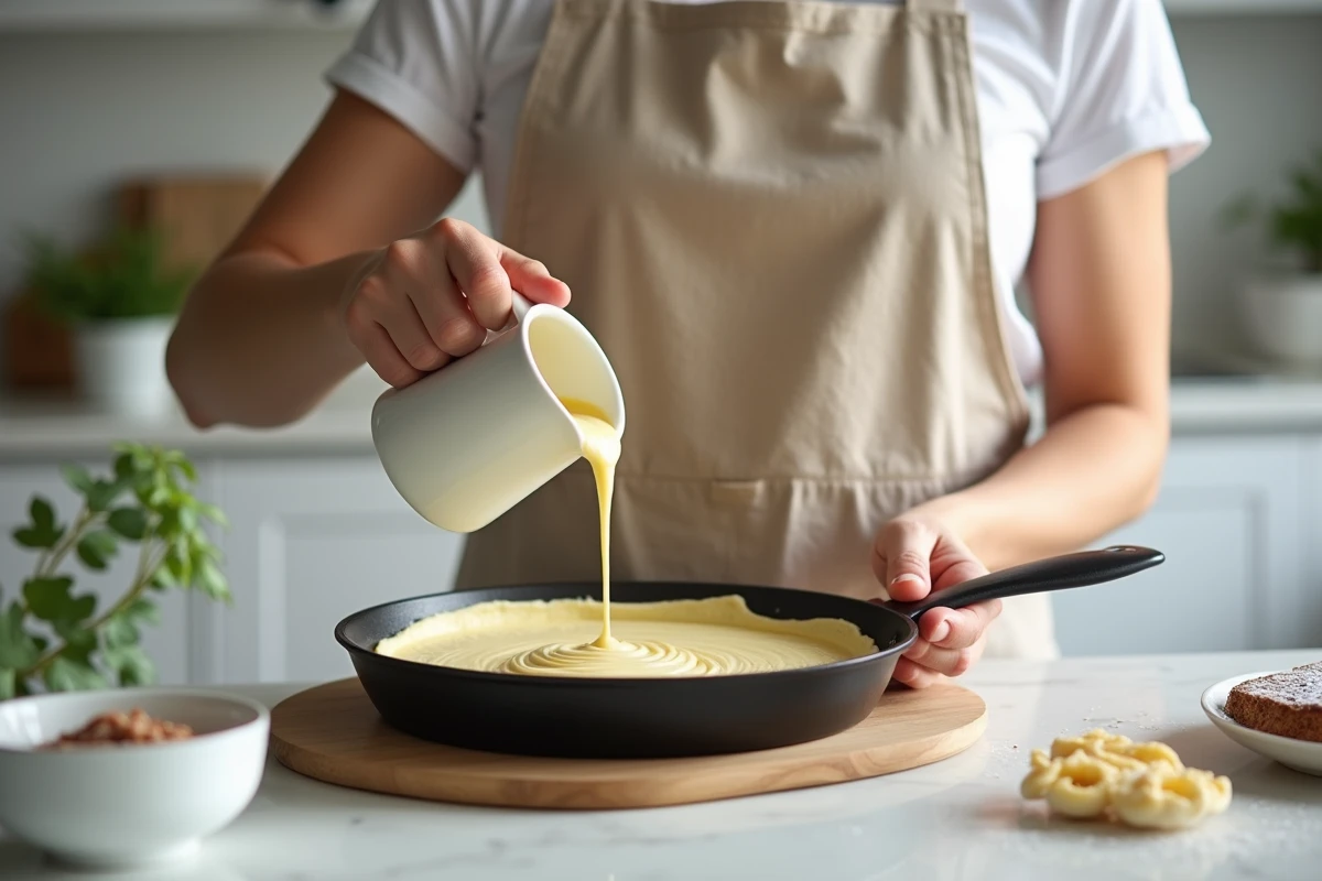 Femme versant de la pâte à crêpes végane dans une poêle en fonte dans une cuisine moderne de style scandinave
