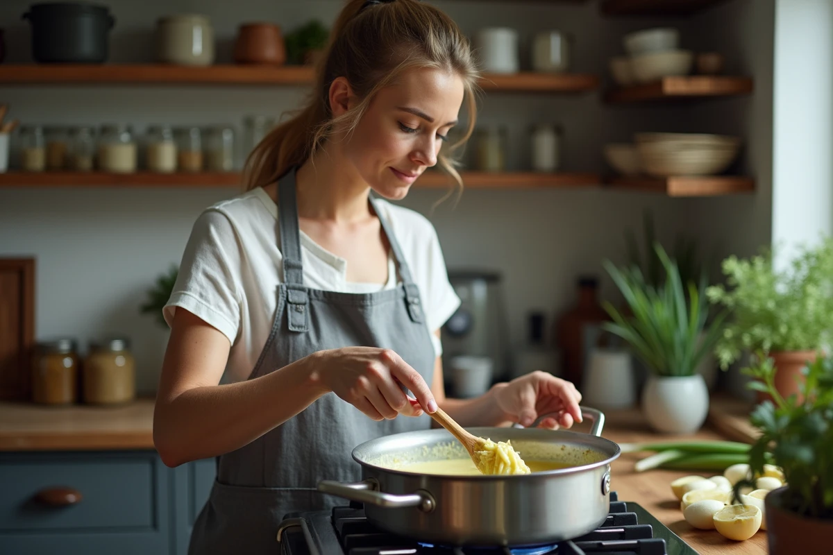 Femme préparant une fondue de poireaux crémeuse en remuant dans une casserole sur une cuisinière moderne