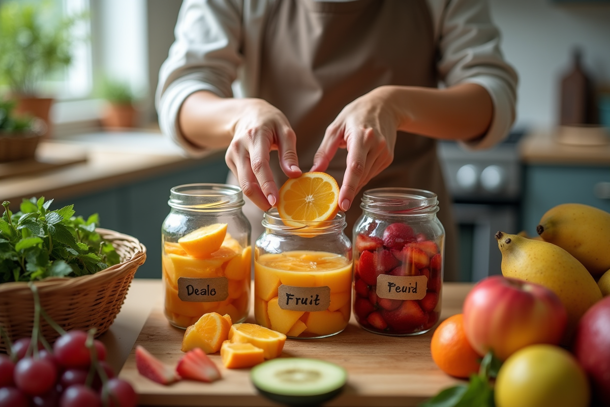 Mains plaçant des fruits tranchés dans des bocaux en cuisine moderne