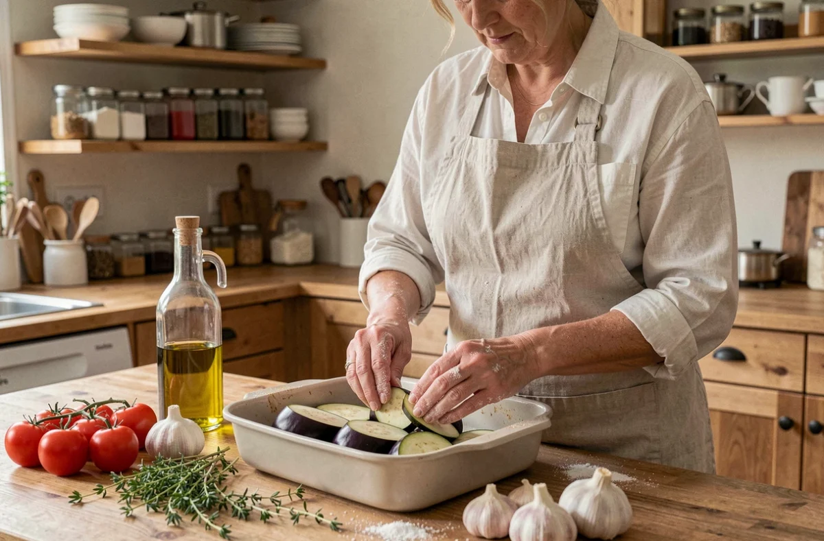 Femme préparant un gratin d'aubergines en cuisine, disposant des tranches dans un plat avec tomates et herbes fraîches