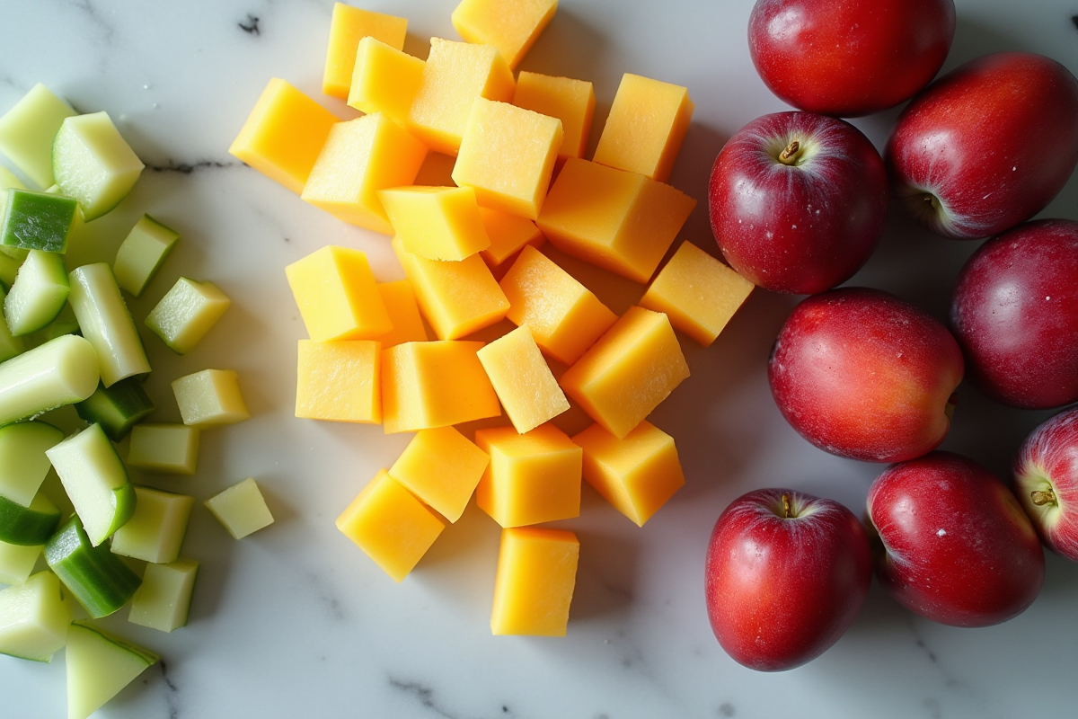 Jicama coupé jambon fruit et prunes japonaises sur plan de travail