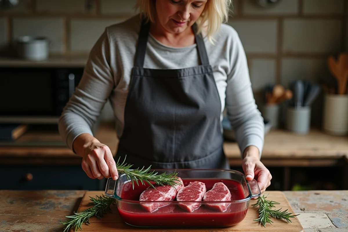Femme préparant une marinade pour des steaks de chevreuil dans un plat en verre dans une cuisine rustique