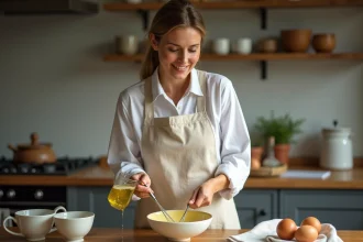Femme préparant une mayonnaise maison à la main avec un fouet dans un bol en céramique, versant de l'huile en filet sur un comptoir en bois
