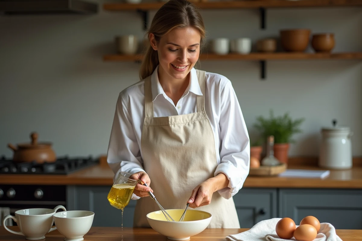 Femme préparant une mayonnaise maison à la main avec un fouet dans un bol en céramique, versant de l'huile en filet sur un comptoir en bois